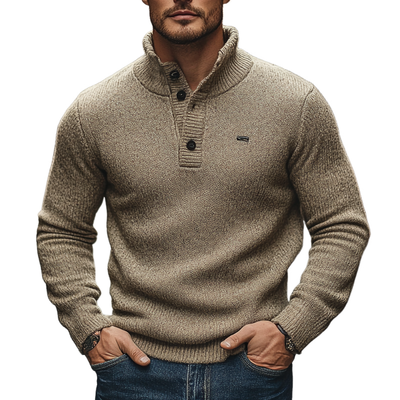 Men's Solid Color Casual Stand Collar Button Pullover Sweater MTA0483I9X
