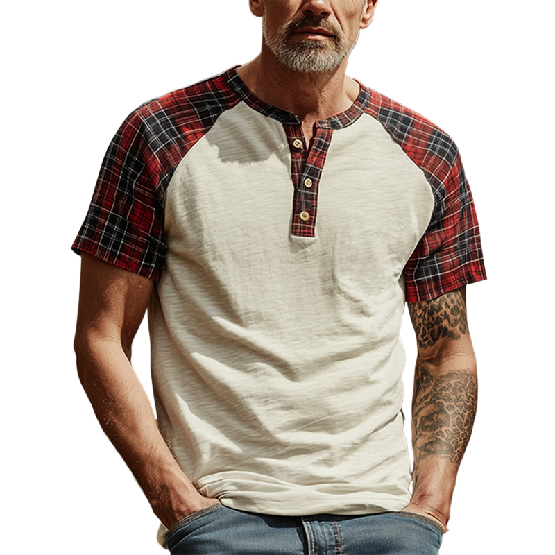 Men's Spring And Summer Fashion Casual Bamboo Cotton Splicing Plaid Henry Collar Short Sleeve T-shirt MTA0829G2K