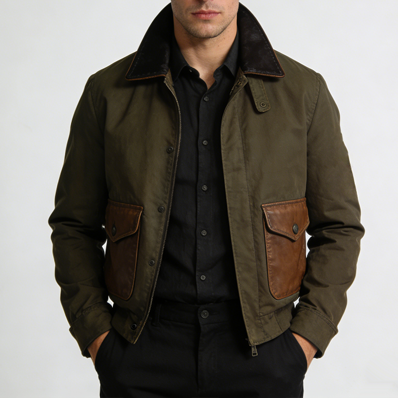 Men's Retro Casual Cotton PU Patchwork Zipper Lapel Jacket MTA1597L8TO