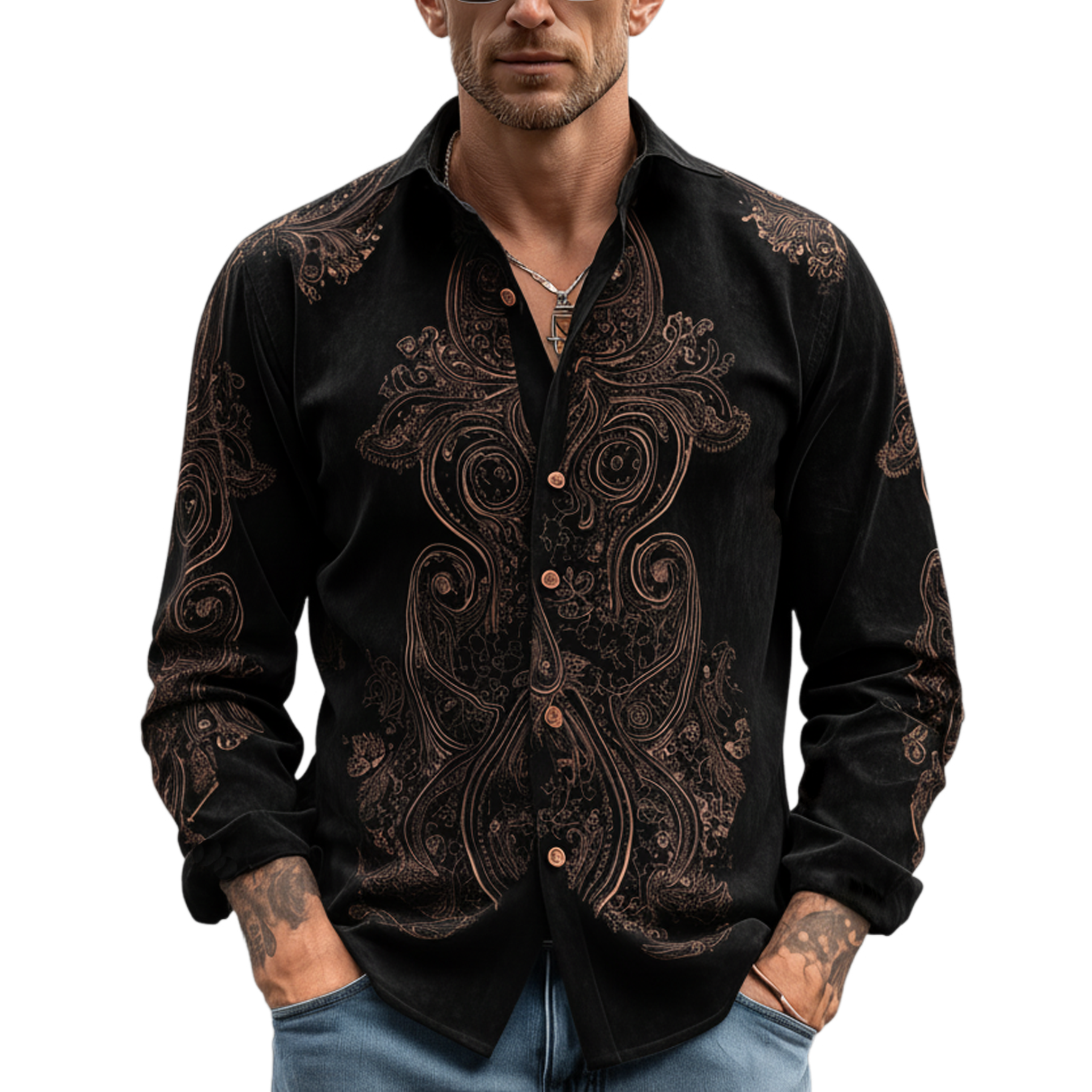 Men's Classic Vintage Faux Velvet Printed Long-sleeved Shirt MTA2096L8K