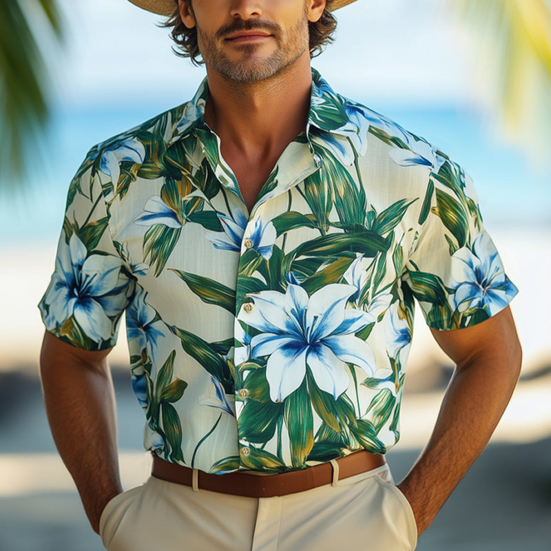Men's Summer Beach Lily Print Short Sleeve Shirt MTA2669E9U