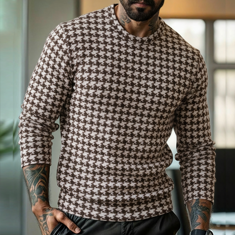 Men's Retro Casual Houndstooth Round Neck Long Sleeve T-shirt MTA1077J7TO