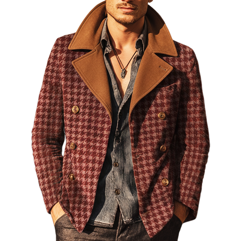 Men's Vintage Houndstooth Faux Wool And Suede Double-Breasted Jacket MTA1611J7U