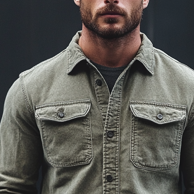 Men's Retro Washed Cotton Collared Long-Sleeve Shirt MTA0133L5X