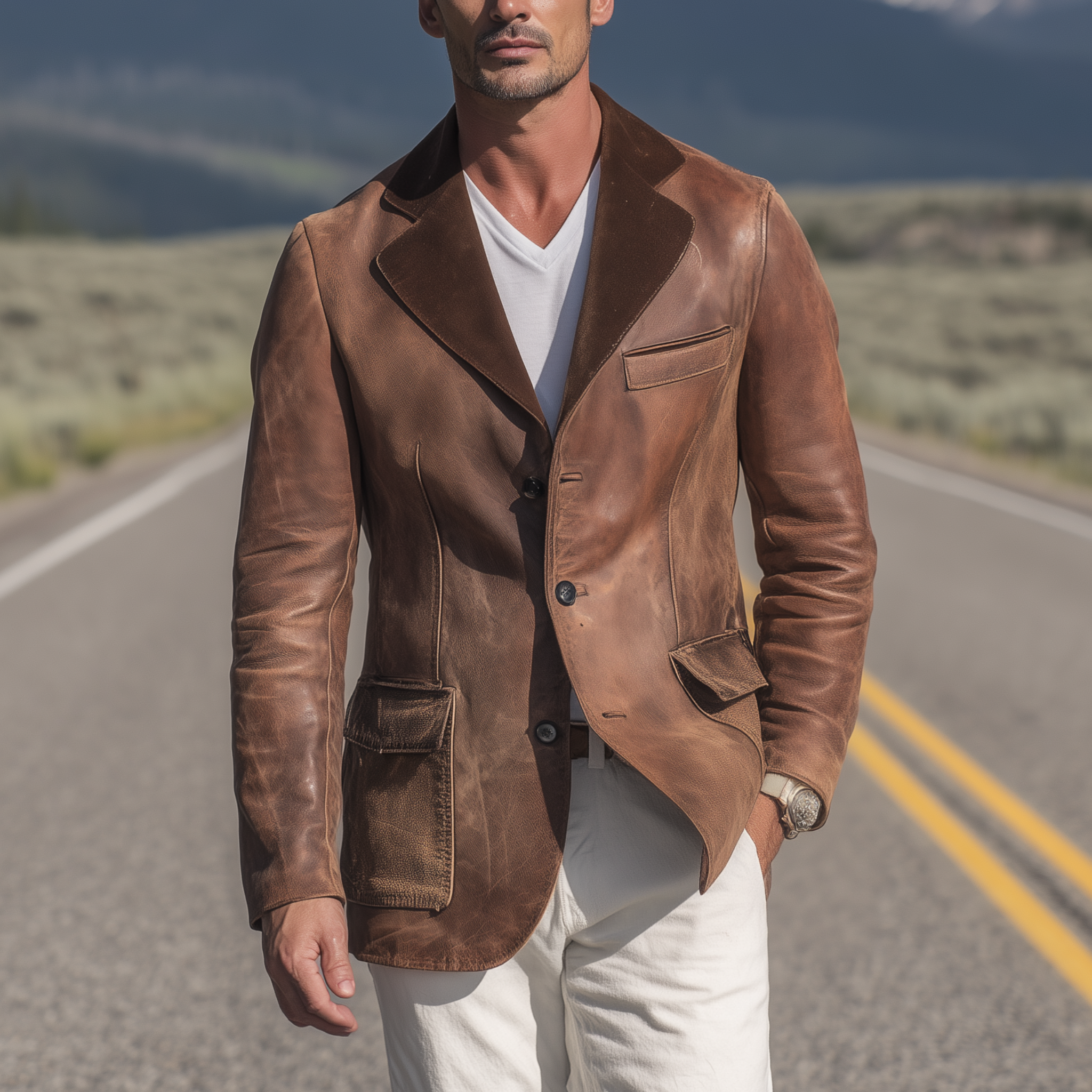 Men's Classic Retro Collar Splicing Suede And Distressed PU Leather Single-breasted Blazer MTA0714H0K