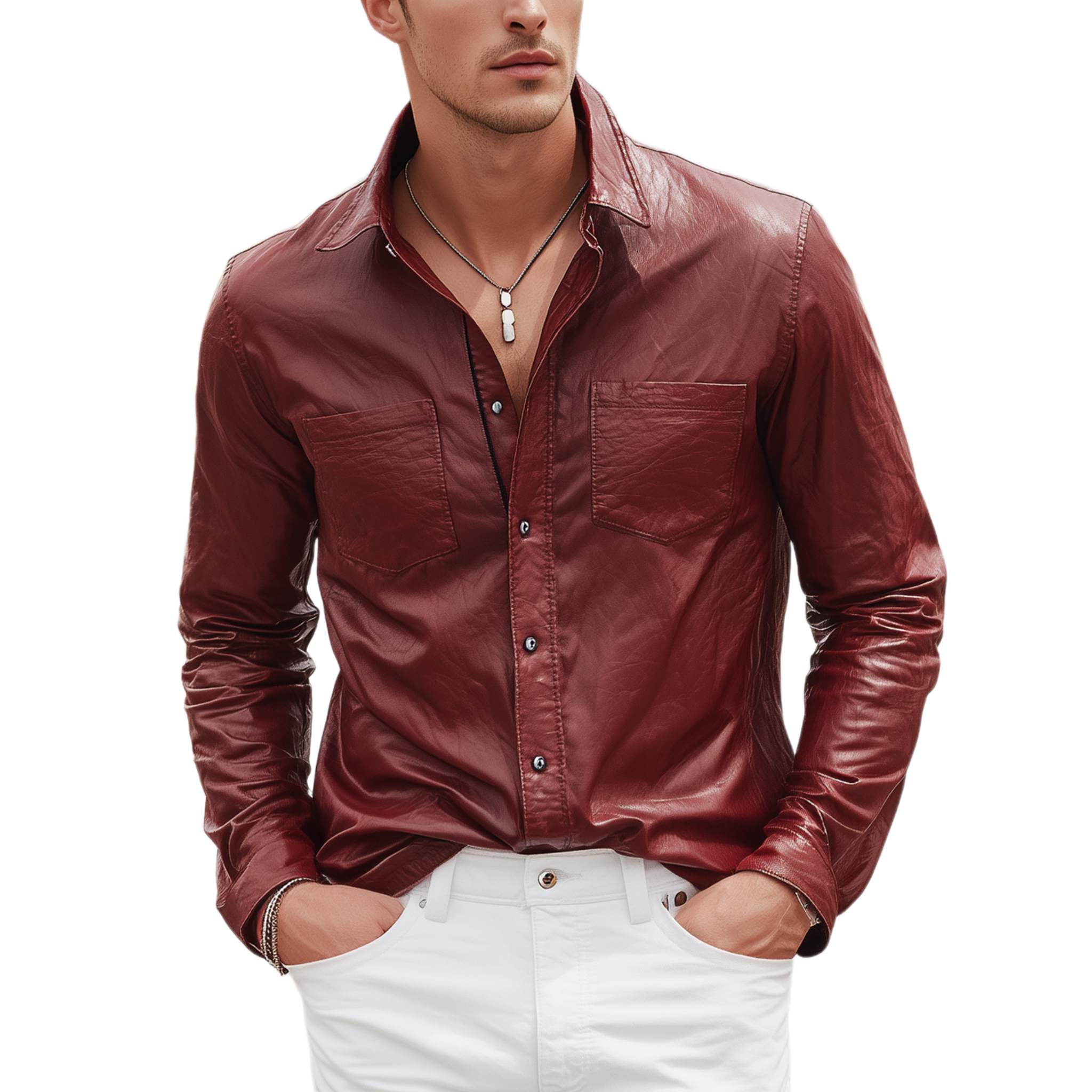 Men's Fashion Casual Pu Leather Slim Fit Metal Button Long Sleeve Shirt MTA0453H3K