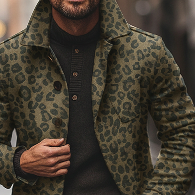 Men's Vintage Faux Suede Leopard Print Lapel Single-Breasted Mid-Length Coat MTA2949I1X