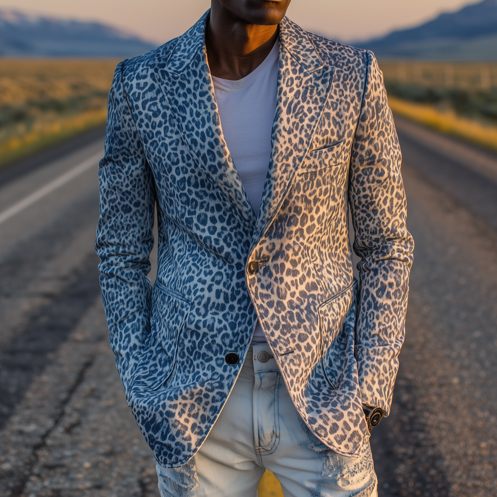 Men's Classic Fashion Leopard Print Denim Slim Fit Single-breasted Blazer MTA0726H2K