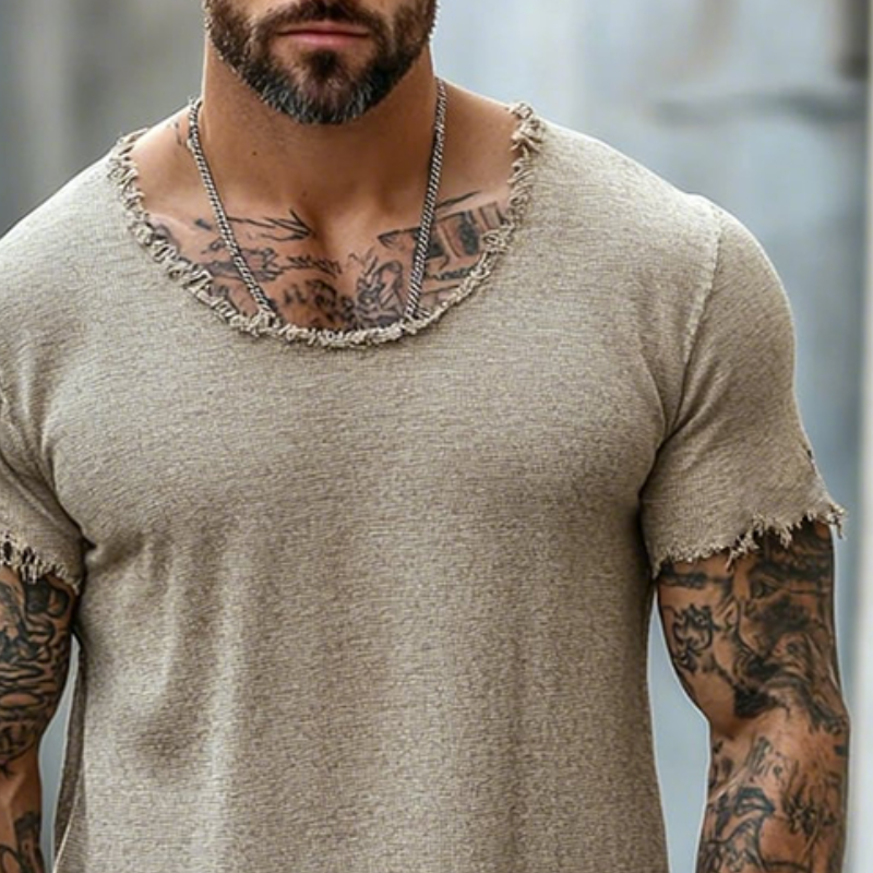 Men's Retro Casual Raw Edge Ripped Round Neck Short Sleeve T-Shirt MTA2587D5TO