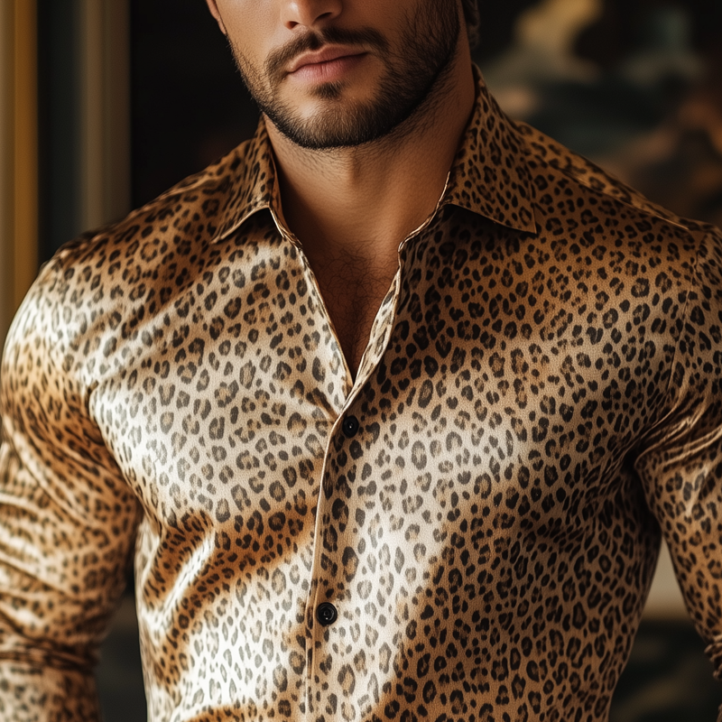 Men's Fashion Leopard Satin Lapel Single Breasted Long Sleeve Shirt 00538947Z