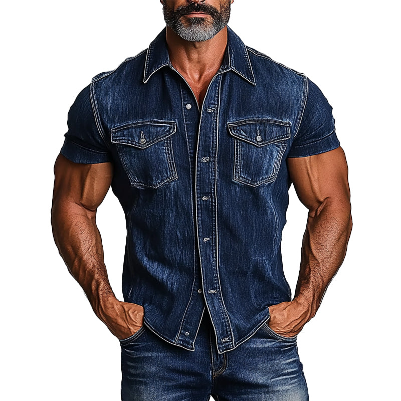 Men's Vintage Lapel Short Sleeve Denim Shirt 41767708X