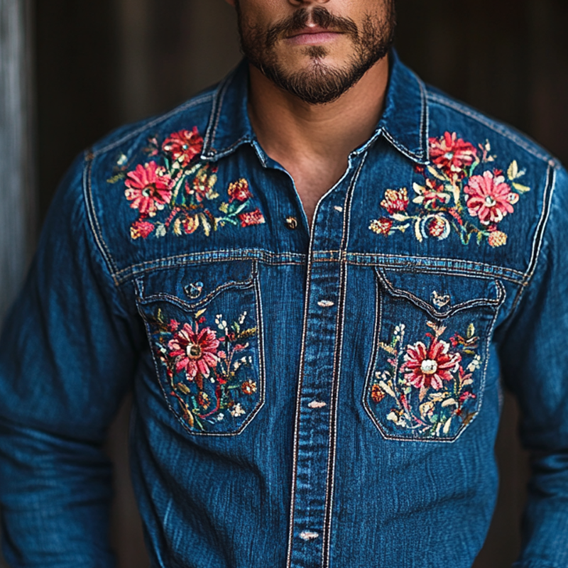 Men's Western Cowboy Style Embroidered Lapel Chest Pocket Long Sleeve Denim Shirt 60931992Z