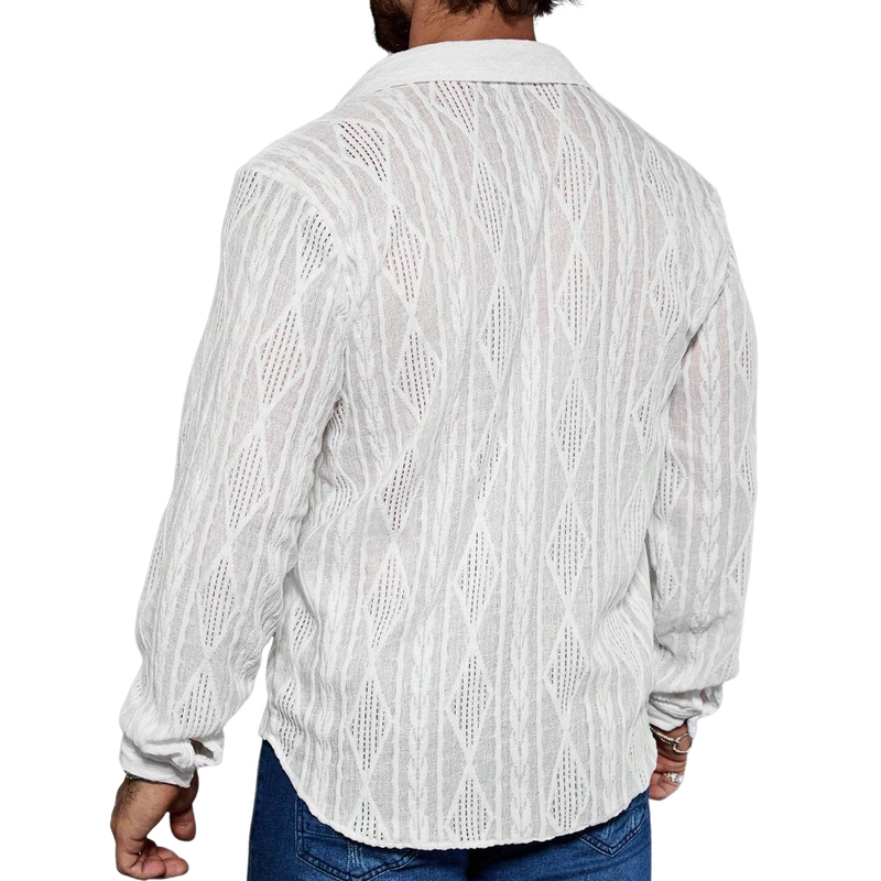 Men's Fashionable Diamond Jacquard Cutout Lapel Long Sleeve Shirt 38880758F