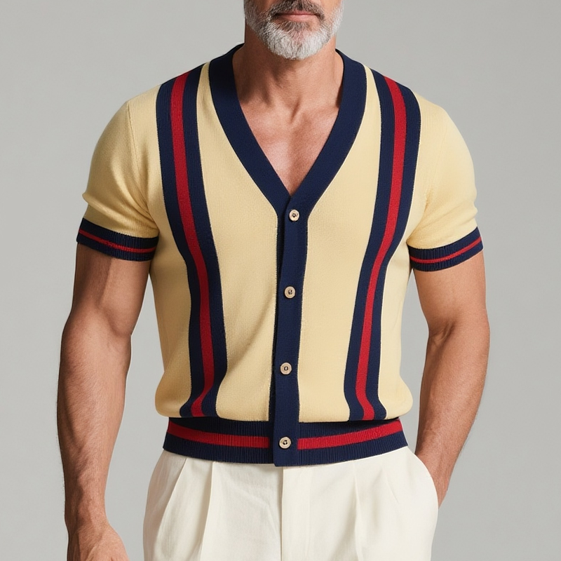 Men's Striped V Neck Short Sleeve Knit Cardigan MTA2823G8Z