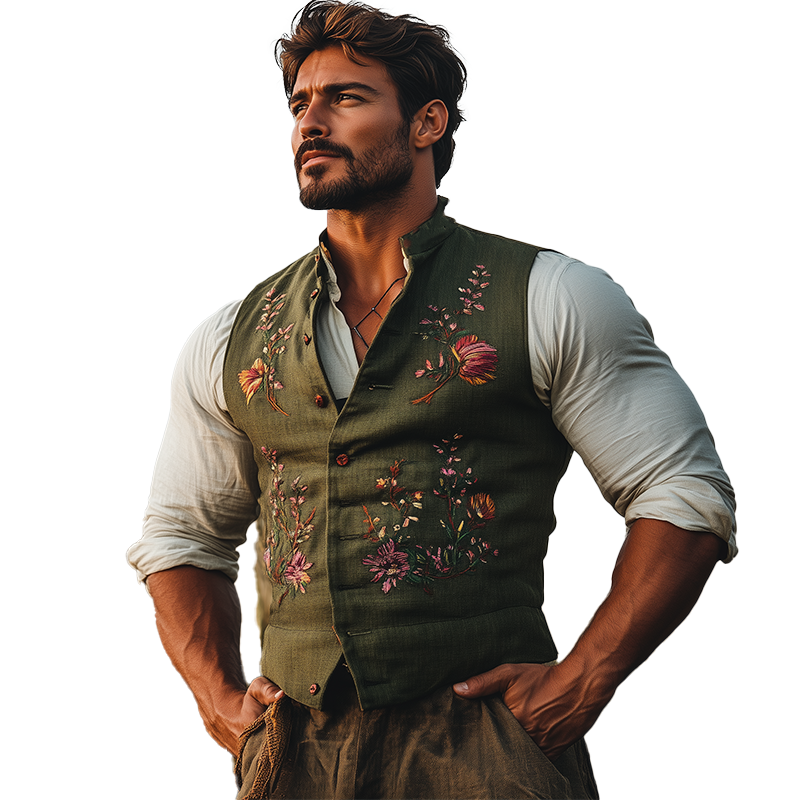 Herre sommermote brodert slub lin ermeløs vest MTA3035F9P