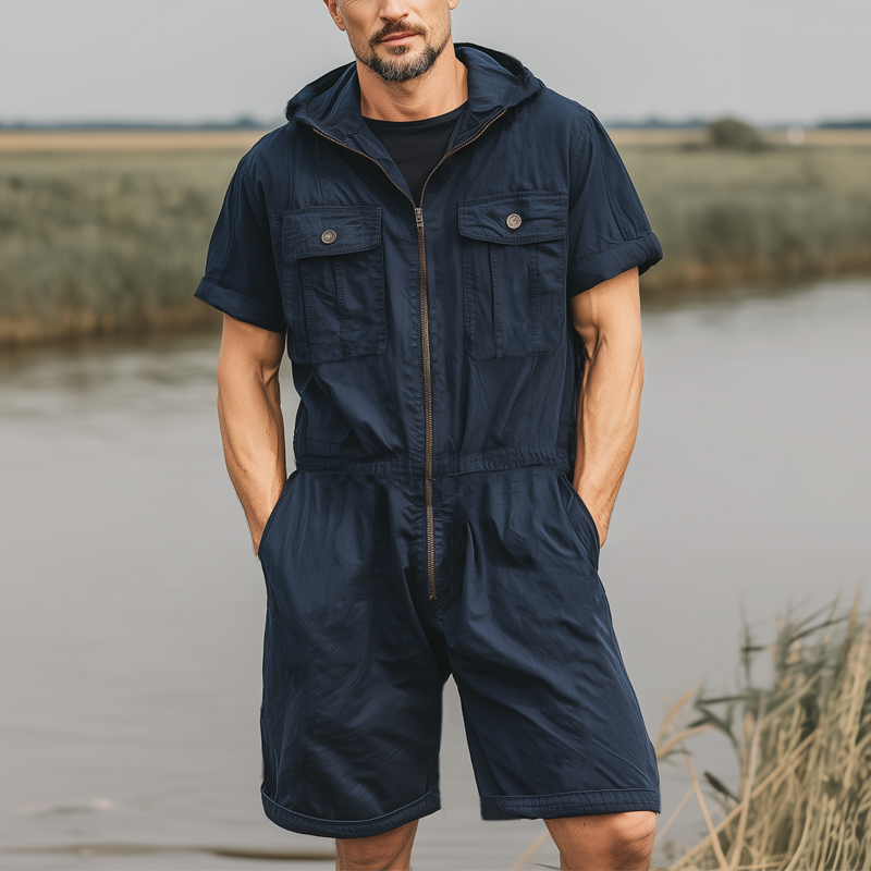 Men's Summer Classic Solid Color Hooded Zipper Jumpsuit MTA1998F4U