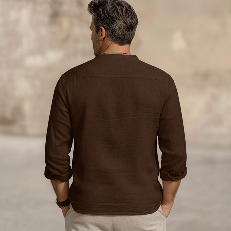 Men's Classic Business Brown Cotton Linen Double-Breasted Long-Sleeve Shirt MTZ1091B6U