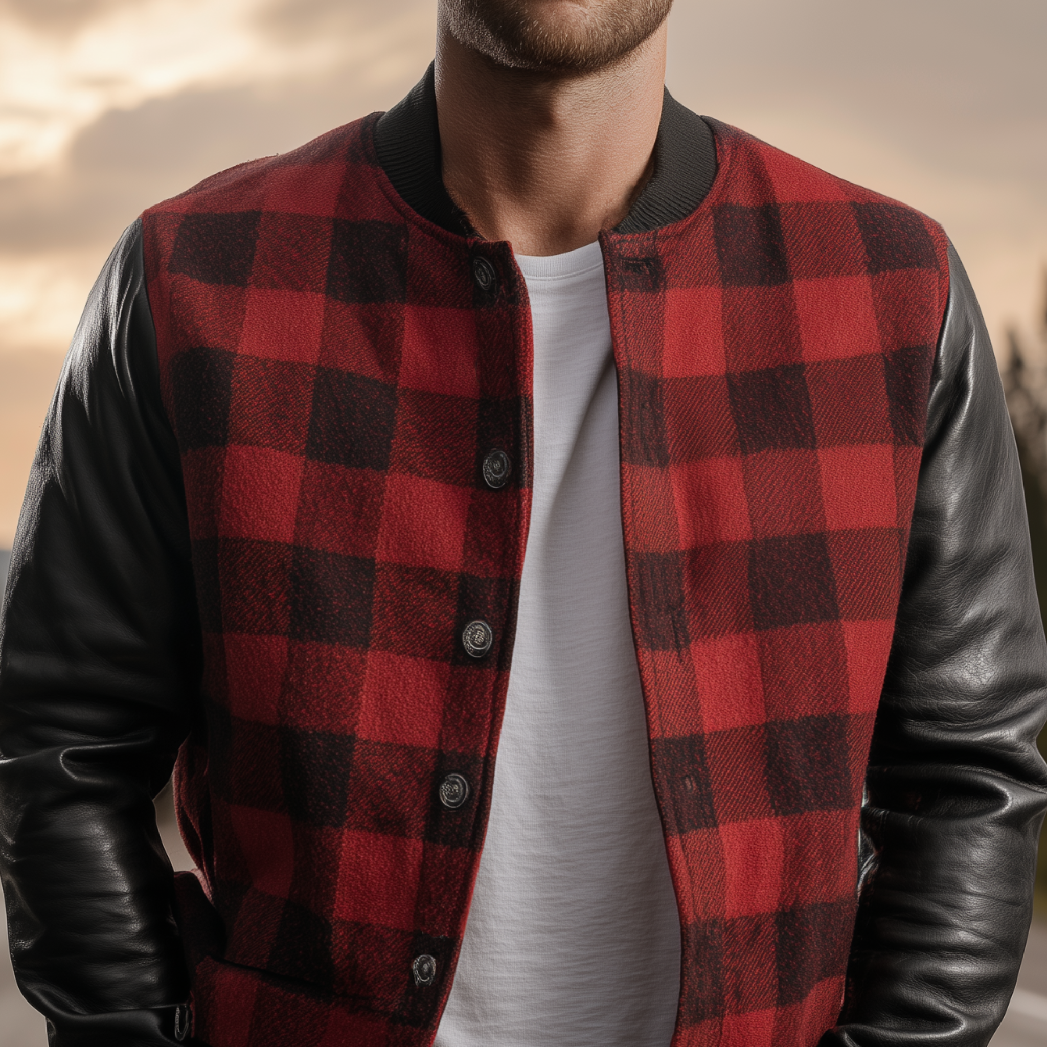 Men's Classic Casual Woolen Plaid Stitching PU Leather Stand Collar Jacket MTA0110I3K