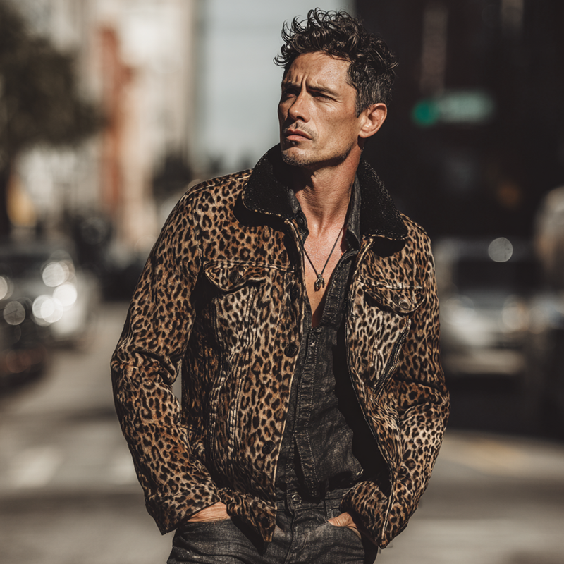 Men's Leopard Print Patchwork Solid Color Jacket MTA1490H3X
