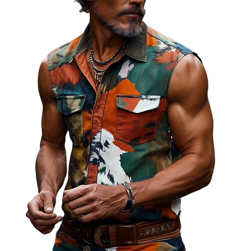 Men's Summer Classic Camouflage Button-Down Sleeveless Shirt MTA0655F5U