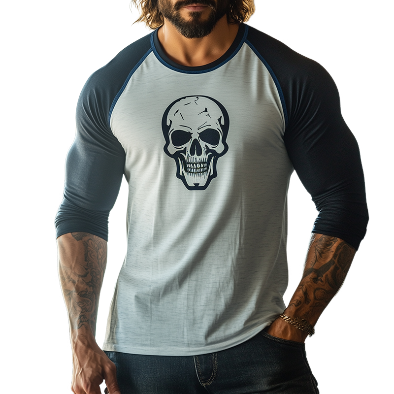 Men's Retro Skull Print Colorblock Casual Sports Round Neck Long Sleeve T-shirt 69706160TO