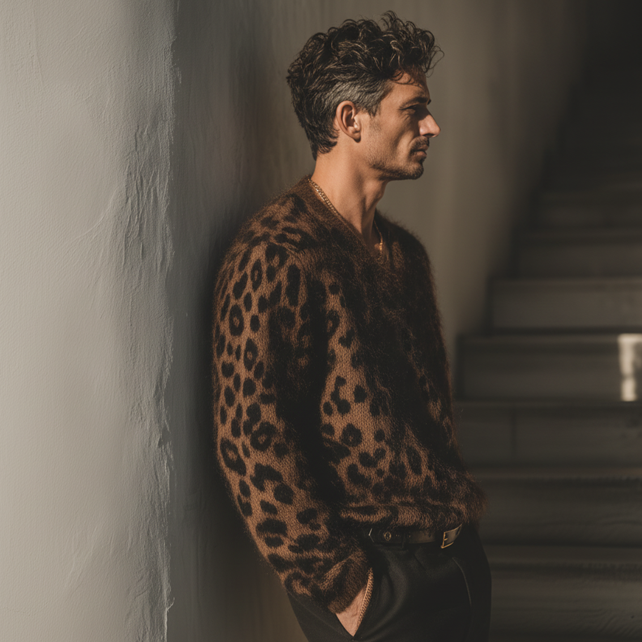 Men's Classic Casual V-neck Leopard Print Loose Sweater MTA1641J1K