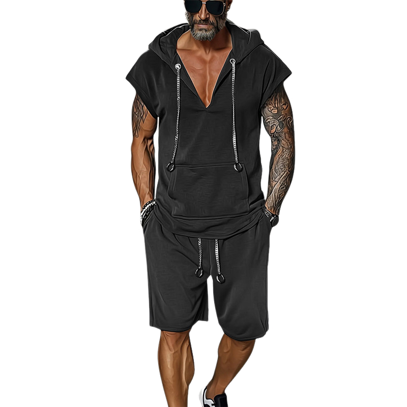 Men's Casual Breathable Cotton Kangaroo Pocket Hooded Loose Tank Top Elastic Waist Shorts Set MTA2601E2M