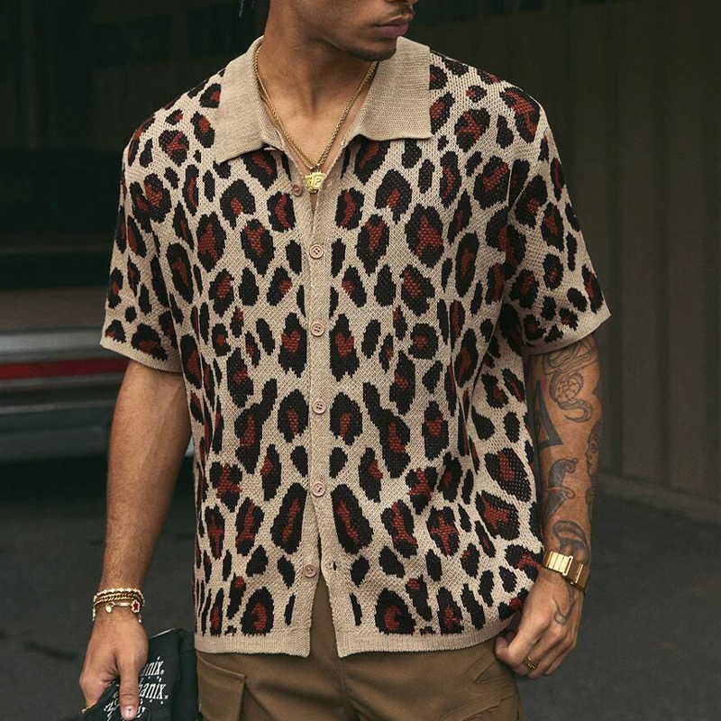 Men's Leopard Jacquard Knit Lapel Single Breasted Shirt MTA2689F2X