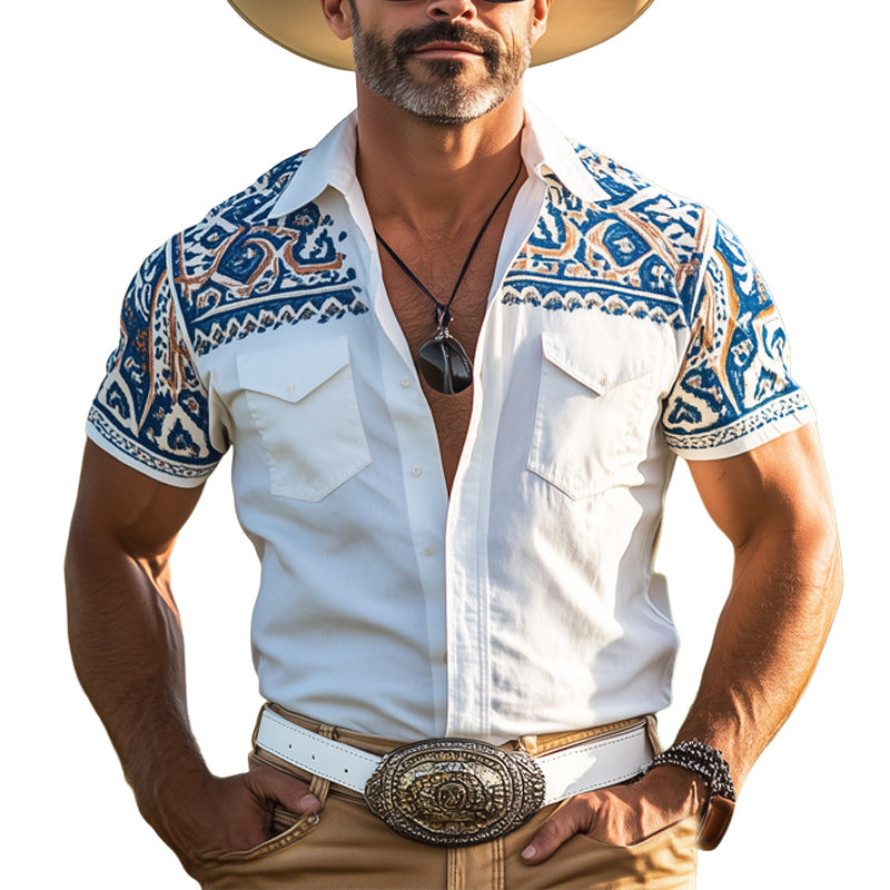 Men'S Western Cowboy Style Aztec Print Short Sleeve Shirt MTA1268E8U