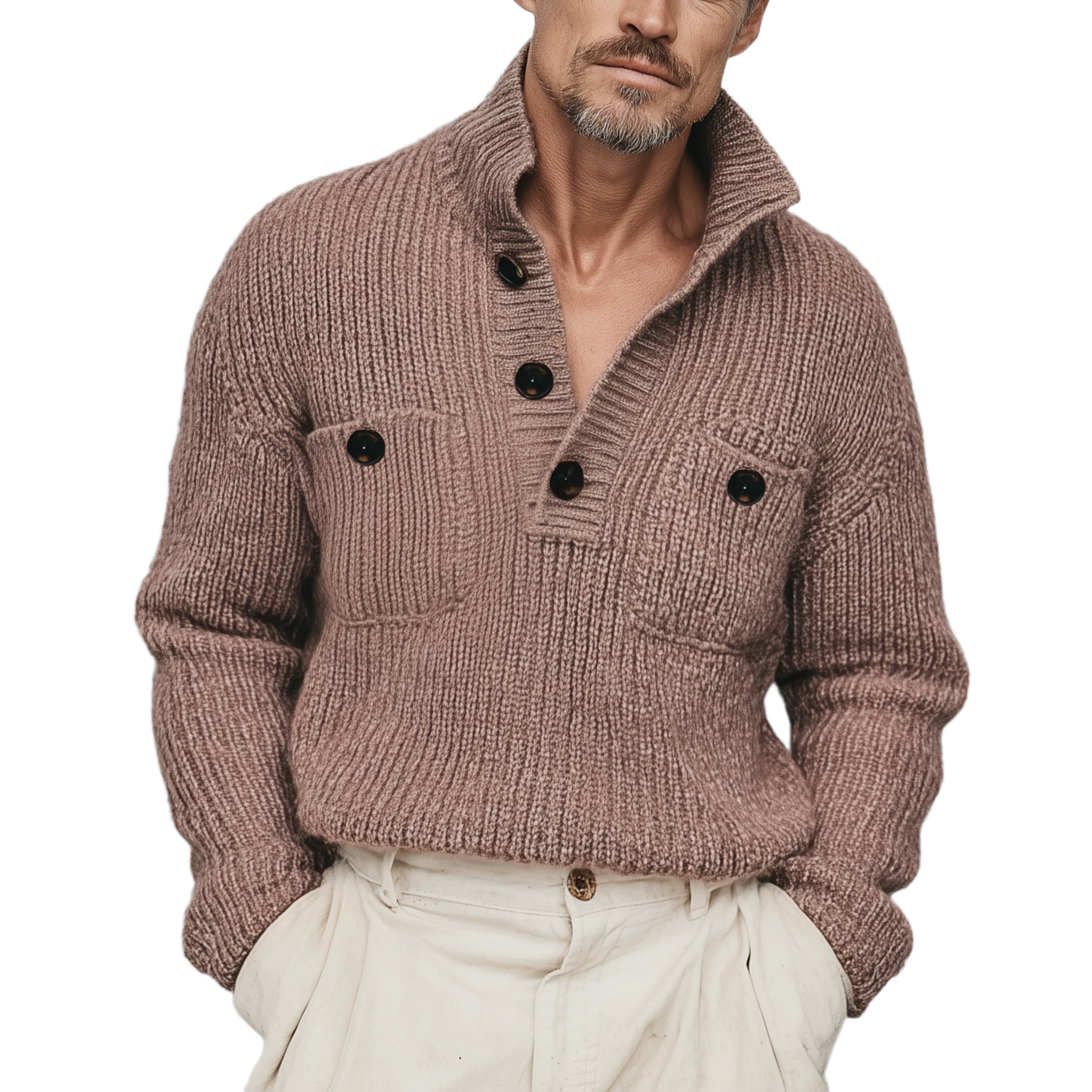 Men's Classic Casual Pink Stand Collar Double Pocket Loose Sweater MTA2824I0K