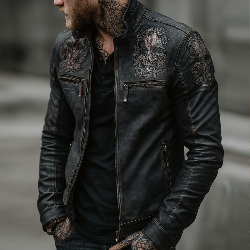 Men's Retro Casual Distressed Skull Print Stand Collar Zipper Leather Biker Jacket MTA2888H1TO