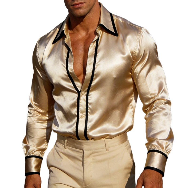 Men's Vintage Casual Satin Color-blocked Lapel Long-sleeved Shirt MTZ0852A6TO