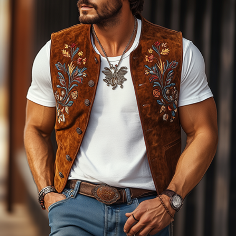 Klassisk retro vestlig cowboystil for menn brodert uformelt semsket skinnvest 17190584K