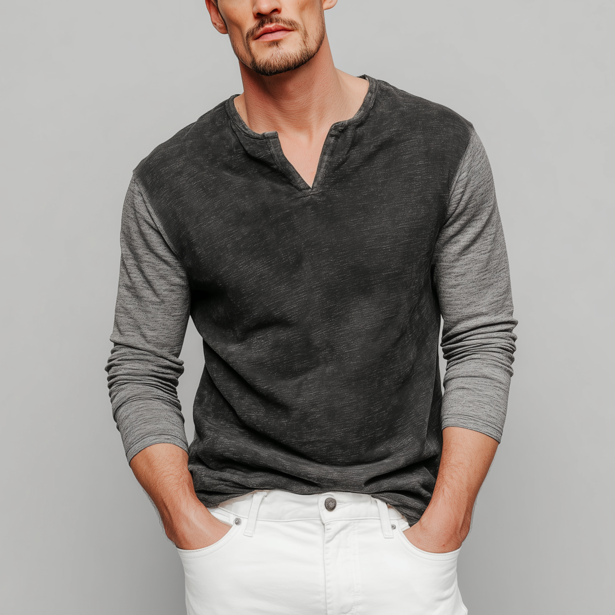 Men's Classic Casual V-neck Bamboo Cotton Patchwork Slim Fit Long Sleeve T-shirt MTA2814G8K