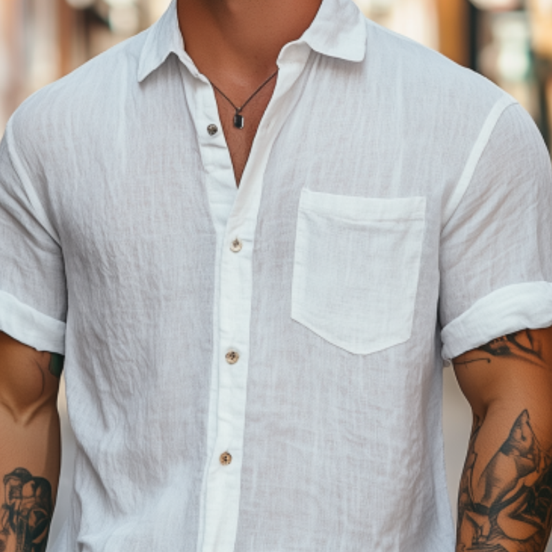 Men's Classic Casual Skin-friendly Silk Cotton Short-sleeved Shirt 47916766K