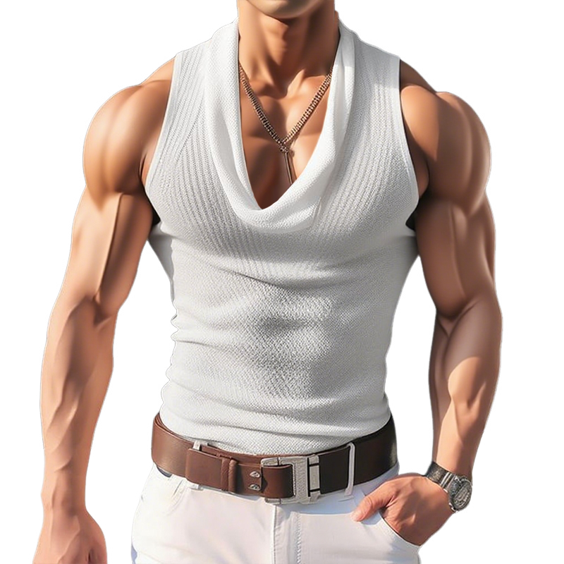 Men's Heap Collars Solid Elastic Fabric Sleeveless Tank Top MTA2185F4Z