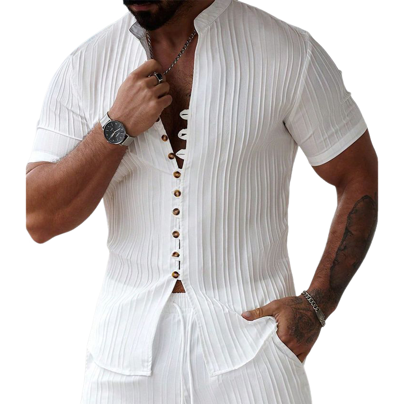 Men's Solid Color Striped Textured Stand Collar Short Sleeve Shirt MTA0555G4X