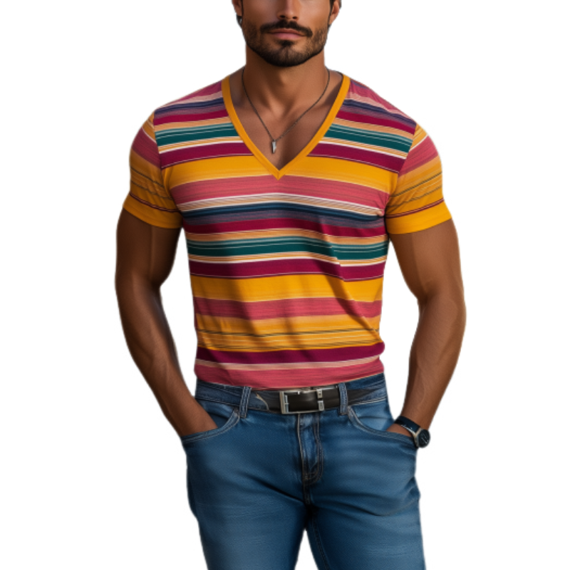 Men's Casual V-neck Contrast Striped Cotton Slim Fit Short-sleeved T-shirt 90879471K