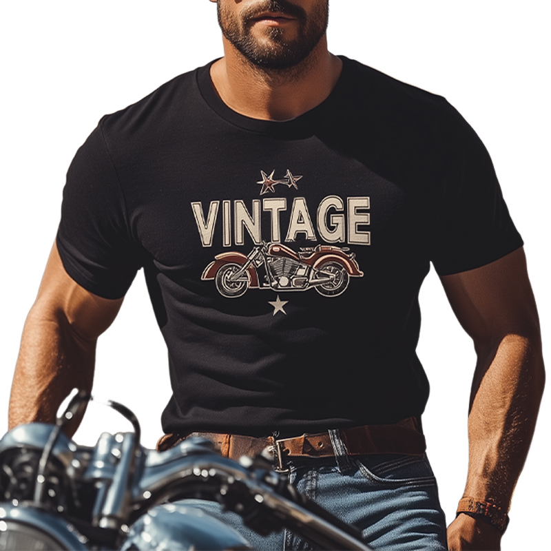 Men's Summer Fashion Personality Tough Style Retro Motorcycle Print Pattern Cotton Blend Slim Short-sleeved T-shirt MTA2666E3K