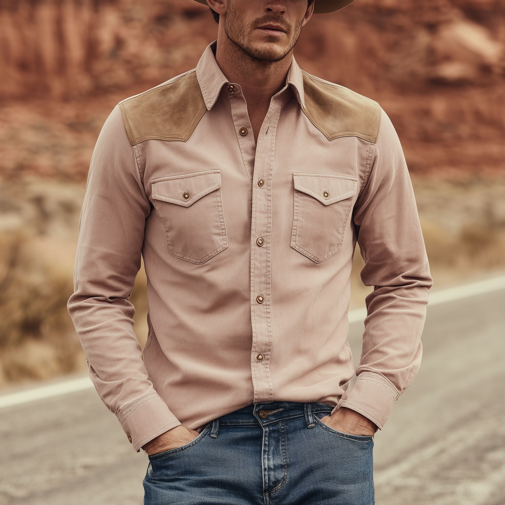 Men's Classic Retro Western Style Suede Shoulder Patchwork Pink Cotton Blend Long Sleeve Shirt MTA2220H2K