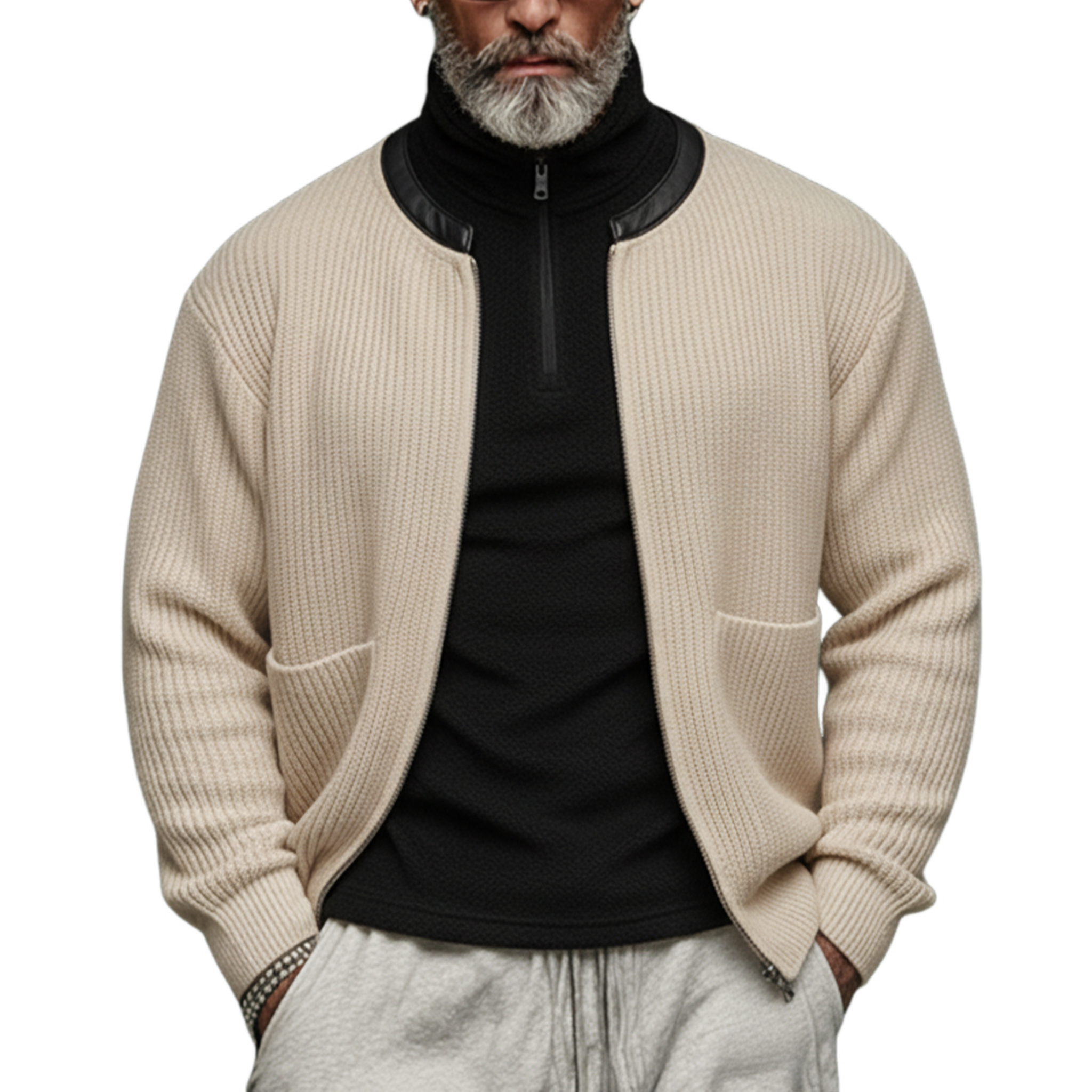 Men's Classic Casual PU Leather Collar Zip-up Knit Cardigan MTA0390K2K