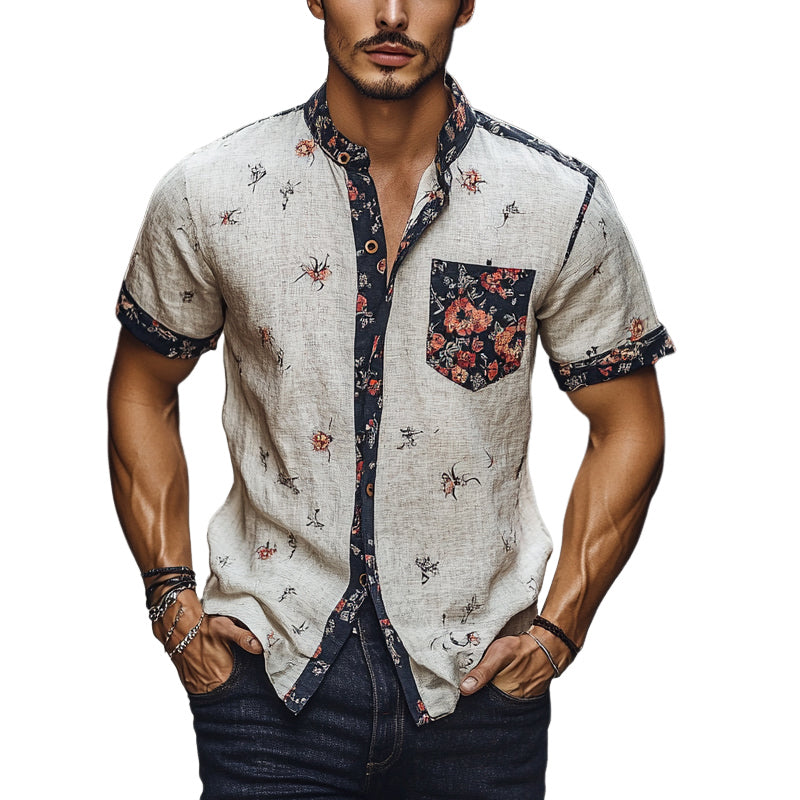Men's Contrast Floral Print Short Sleeve Lapel Shirt MTA2717E7X