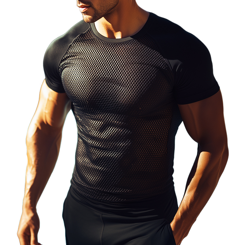 Men's Casual Breathable Stretch Sports Mesh Round Neck Short-sleeved T-shirt 43443915TO