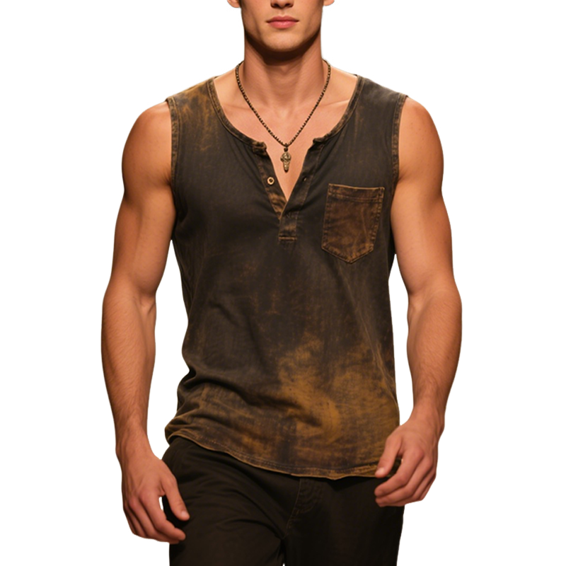 Men's Vintage Casual Gradient Print Henley Neck Sleeveless Tank Top MTA2354F8TO