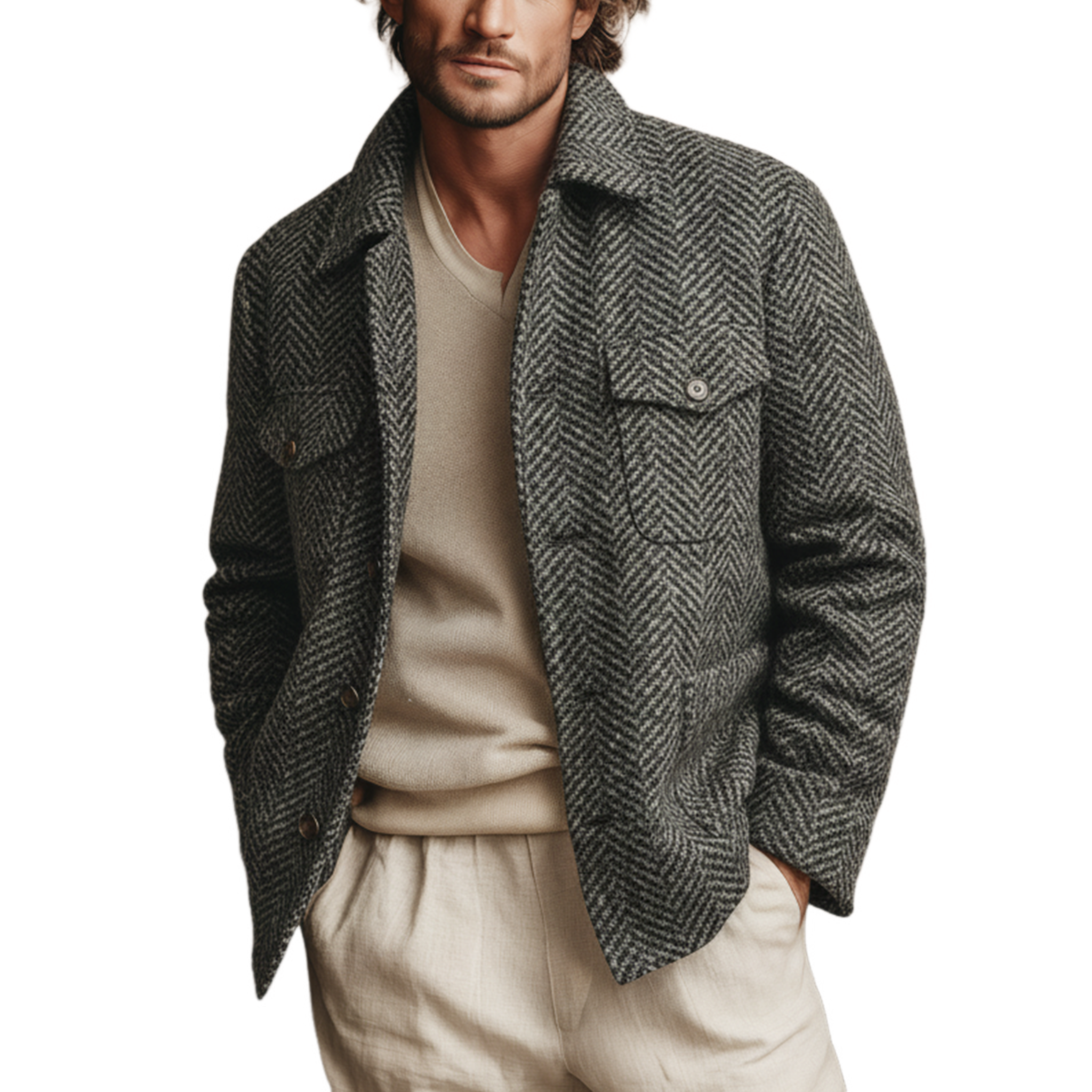 Men's Classic Light Business Faux Herringbone Pattern Wool Lapel Multi-pocket Jacket MTA1055J8K