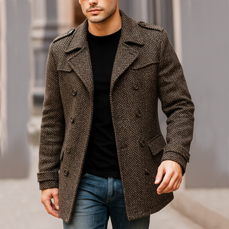 Men's Classic Dark Brown Herringbone Faux Wool Short Coat MTA1586J6U