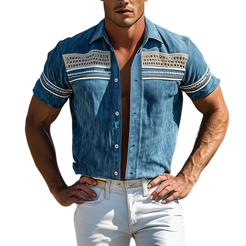 Men's Spring/Summer Suede Splicing Drop Mesh And Web Short Sleeve Shirt MTA3012F5K