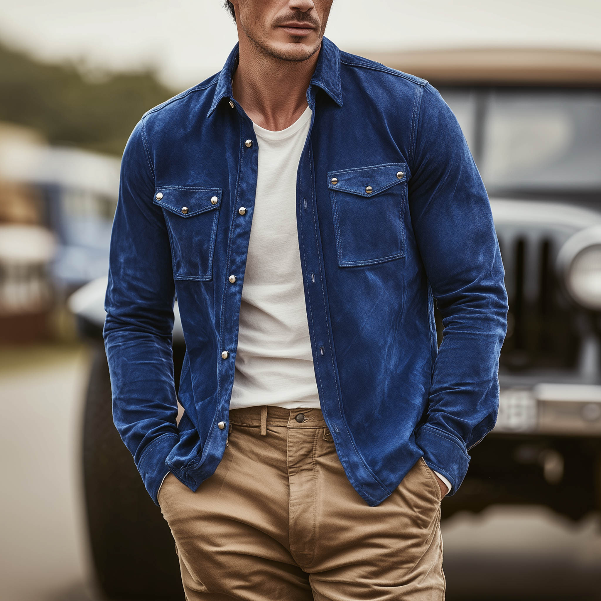 Men's Fashion Casual Pocket Decoration Metal Rivet Suede Long Sleeve Shirt MTA0104H0K