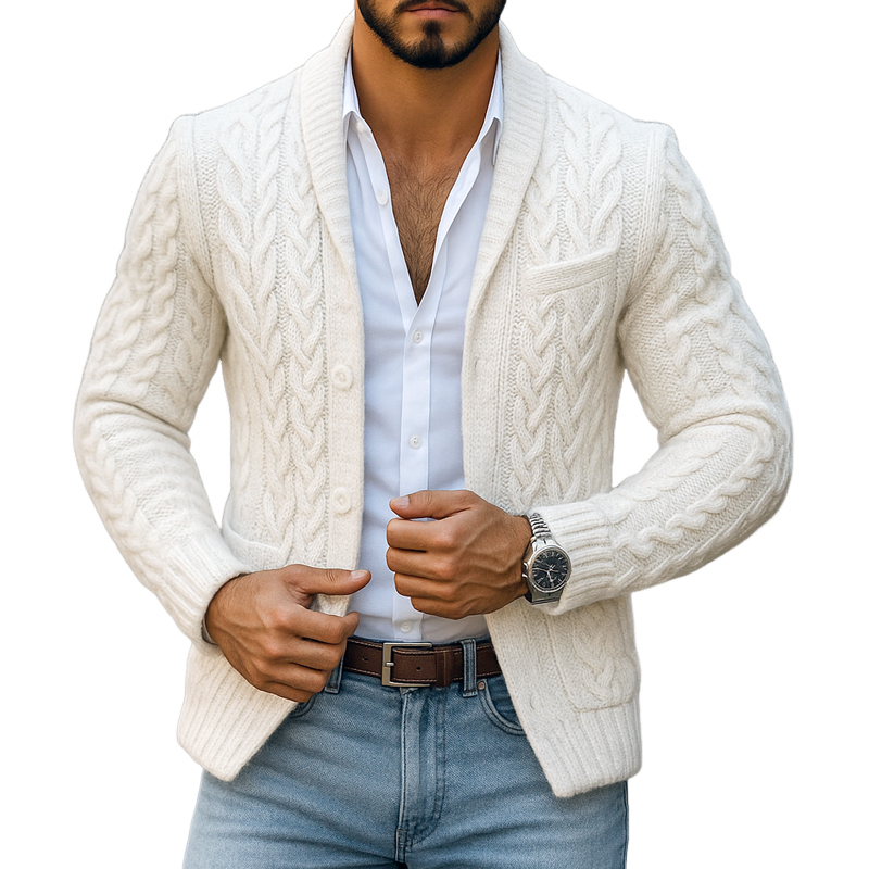 Men's Solid Cable Knit Lapel Single Breasted Cardigan MTA0118I9Z