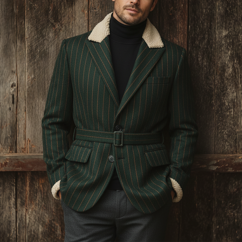 Men's Winter Fashion Plush Collar Striped Faux Wool Coat MTA3053I1P